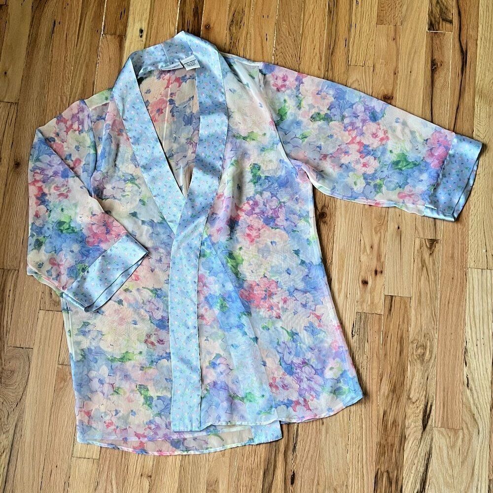 vtg 80s Jaclyn Smith Lingerie sheer floral robe Medium kimono sleepwear blue